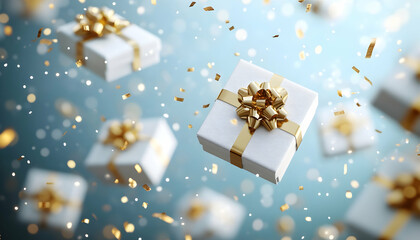 Wall Mural - White gift boxes with gold bows falling against a blue background with confetti.