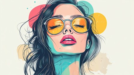 Wall Mural - Stylish woman with sunglasses, vibrant colors, artistic illustration.