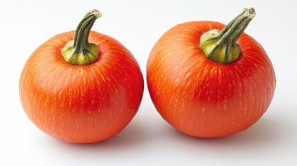 Wall Mural - Two bright red tomatoes with green stems on a white background.