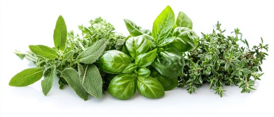 Wall Mural - A variety of fresh herbs including basil, thyme, and sage arranged on a white background.