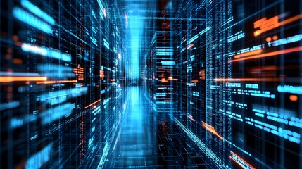 A full-stack developer focused on cloud integration, with lines of code displayed on multiple screens in the background, representing the modern software development process and seamless connectivity 