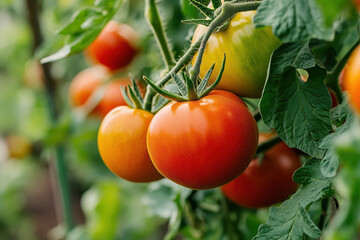 A close-up view of ripe tomatoes hanging from vines in vegetable garden