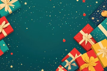 Wall Mural - Colorful wrapped gifts on a festive background with stars and ornaments during the holiday season