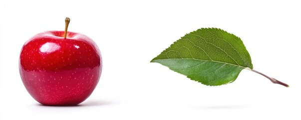 Sticker - A shiny red apple next to a green leaf on a white background.