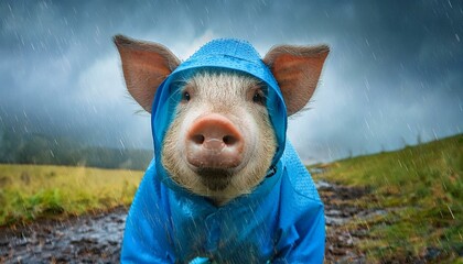 Autumn rainy raining rain weather background texture - Closeup of cute sweet pig with raincoat