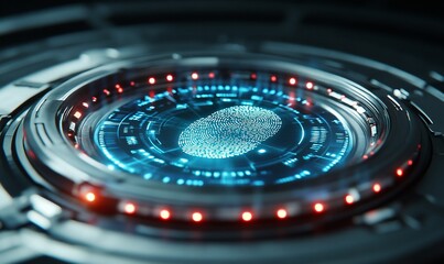 Poster - Futuristic interface displaying a fingerprint scan with glowing elements.