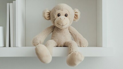 A stuffed monkey with long limbs, hanging from the edge of a minimalist white shelf