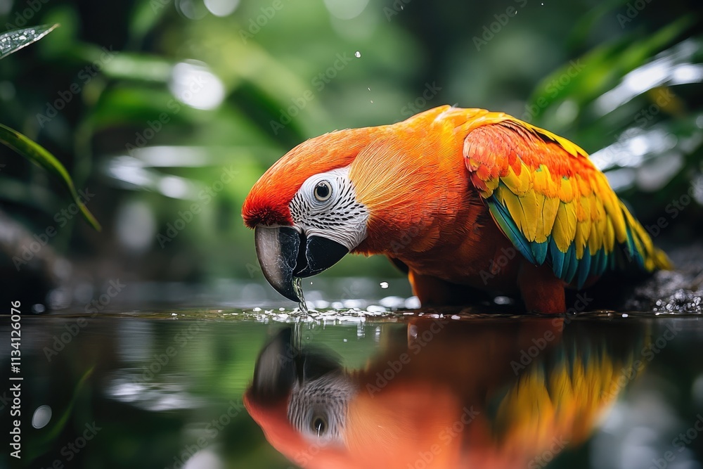 Picture Idea: Scarlet Macaw Drinking Water With Reflection In Jungle Pond Stock