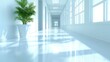 © DARIKA - Blurred background of a stylish hotel or office lobby interior with a luxury white room and large glass windows offering a view of a spacious reception hall and corridor.