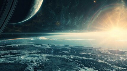 Wall Mural - Vast space view with a glowing star illuminating distant planets in a serene cosmic setting.