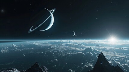 Wall Mural - Mysterious alien planet landscape with jagged peaks and glowing celestial lights in the sky.