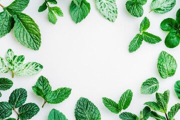 Wall Mural - A variety of fresh green mint leaves arranged around a blank white space.