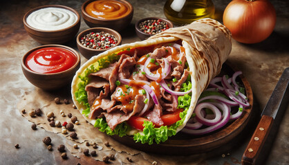 Wall Mural - Delicious shawarma wrap with fresh vegetables, tender meat, and flavorful sauces displayed on a rustic table