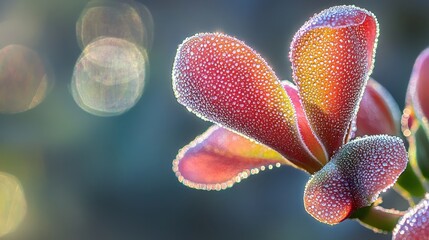 Wall Mural - Close-up of a dew-covered succulent plant with reddish-pink petals, exhibiting vibrant colors and textures against a blurred background.