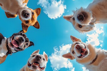 Canvas Print - Happy dogs looking up at the sky. AI.