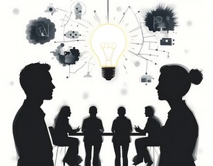 A silhouette of a light bulb glowing above a brainstorming team