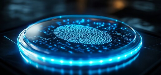 Poster - A futuristic holographic fingerprint scanner on a glowing surface.