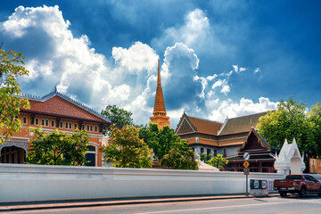 Wall Mural - Thailand temple in the heart of the tourist area Khaosan road Bangkok. Asian culture and religion