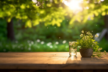 Wall Mural - Wooden table surface showcased against a softly blurred backdrop of a colorful garden Empty wooden display table for items with abstract embellished floral garden background
