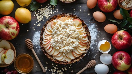 Wall Mural - Ingredients for baking an apple pie arranged top view