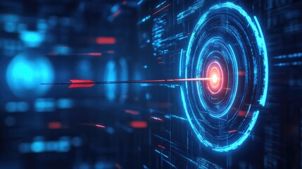 The concept of a target with a glowing hologram of the target and an arrow hitting the center, neon