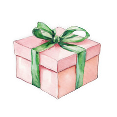 Wall Mural - Watercolor illustration of a pastel gift box with a green ribbon. Ideal for cards, posters, stickers, and crafts.