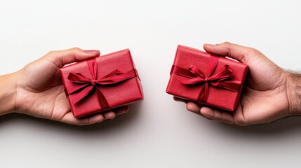 A couple exchanging gifts with red wrapping paper and ribbons, isolated on a white background