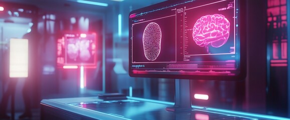Poster - Futuristic laboratory with brain scans displayed on monitors.