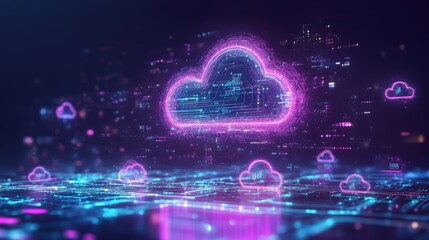 Futuristic Cloud Computing Concept with Glowing Digital Elements and Data Connections Illustrating Technology and Connectivity in a Virtual Environment