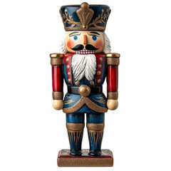 A colorful nutcracker figure with a regal uniform, featuring a prominent beard and crown, embodying festive holiday spirit.