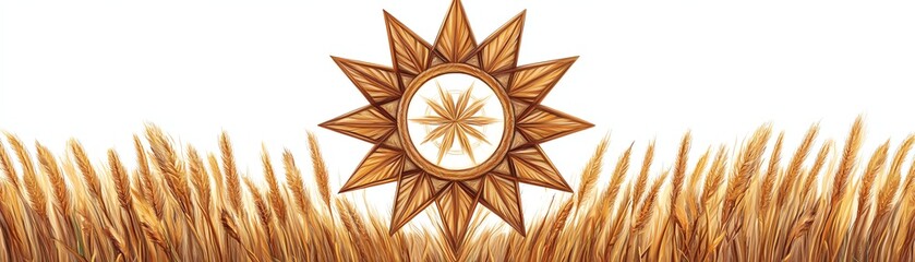 illustration of a compass rose over a wheat field, white isolated background.