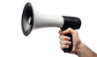 © MicroTee - Hand holds black megaphone bullhorn announcement shout it out promotion isolated on white