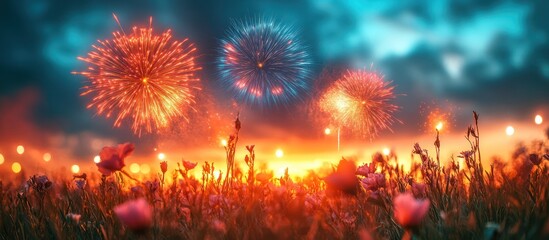 Fireworks exploding over a field of flowers at sunset.