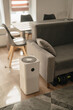 © galaganov - White air purifier from dust and viruses in the interior of the apartment with a dining table. Health and technology.