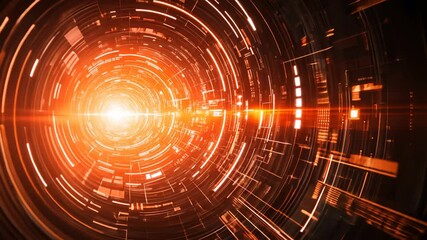 Wall Mural - Bright Orange Light Forming a Circular Tunnel in Digital Space
