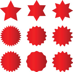 set of red star stickers. Price sticker, sale sticker, price tag, starburst, quality mark, retro stars, sale or discount sticker, sunburst badges, sun frames, promotional badge set, shopping labels.