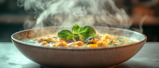 Sticker - A steaming bowl of soup garnished with fresh herbs, showcasing warmth and comfort.