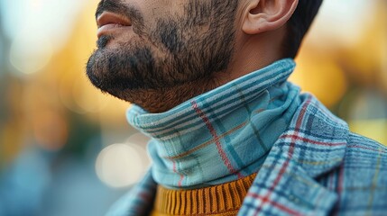 Wall Mural - A close-up of a man wearing a stylish turtleneck and plaid jacket, showcasing fashion details.