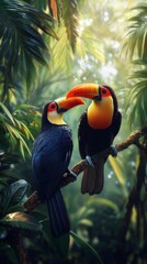 Toucan sitting on the branch in the forest, green vegetation, costa rica. nature travel in central america. two keel-billed toucan, ramphastos sulfuratus, pair of bird with big bill.