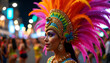 © Irina - Female performer in vibrant feathered costume during a festive parade at night