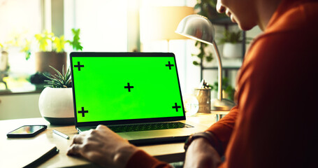 Business person, laptop or green screen with mockup or tracking markers for online browsing, advertising or marketing at home. Closeup, user or computer with technology display for UI, UX or app