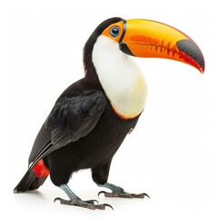 Wall Mural - Colorful toucan with orange beak and red breast feathers standing on a seamless white backdrop