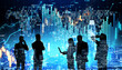 © Who is Danny - Silhouettes of businesspeople analyzing digital charts and data on a futuristic blue background.
