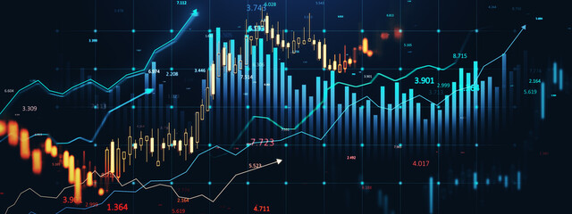 Fototapete - Financial data charts with glowing stock and forex graphs on a dark background illuminated in blue tones. 3D Rendering