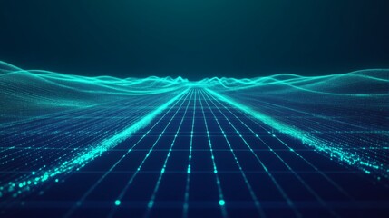Poster - Futuristic Digital Landscape With Wave Patterns and Grid Lines