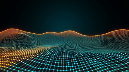 Poster - Abstract Digital Landscape with Neon Grid Waves and Light Effects