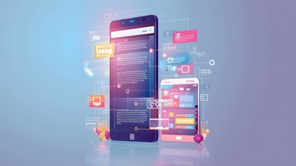 Two smartphones displaying web pages and connected by lines, with icons and flowers around them on a blue background.