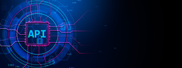 Wall Mural - abstract api interface neon circuit design on dark blue background. 3d rendering