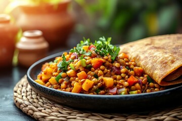 Sticker - A vibrant dish of lentils and vegetables served with a flatbread on a woven mat.