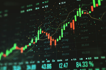 Fototapete - Financial data screen with upward stock chart and glowing candlesticks on dark background. 3D Rendering